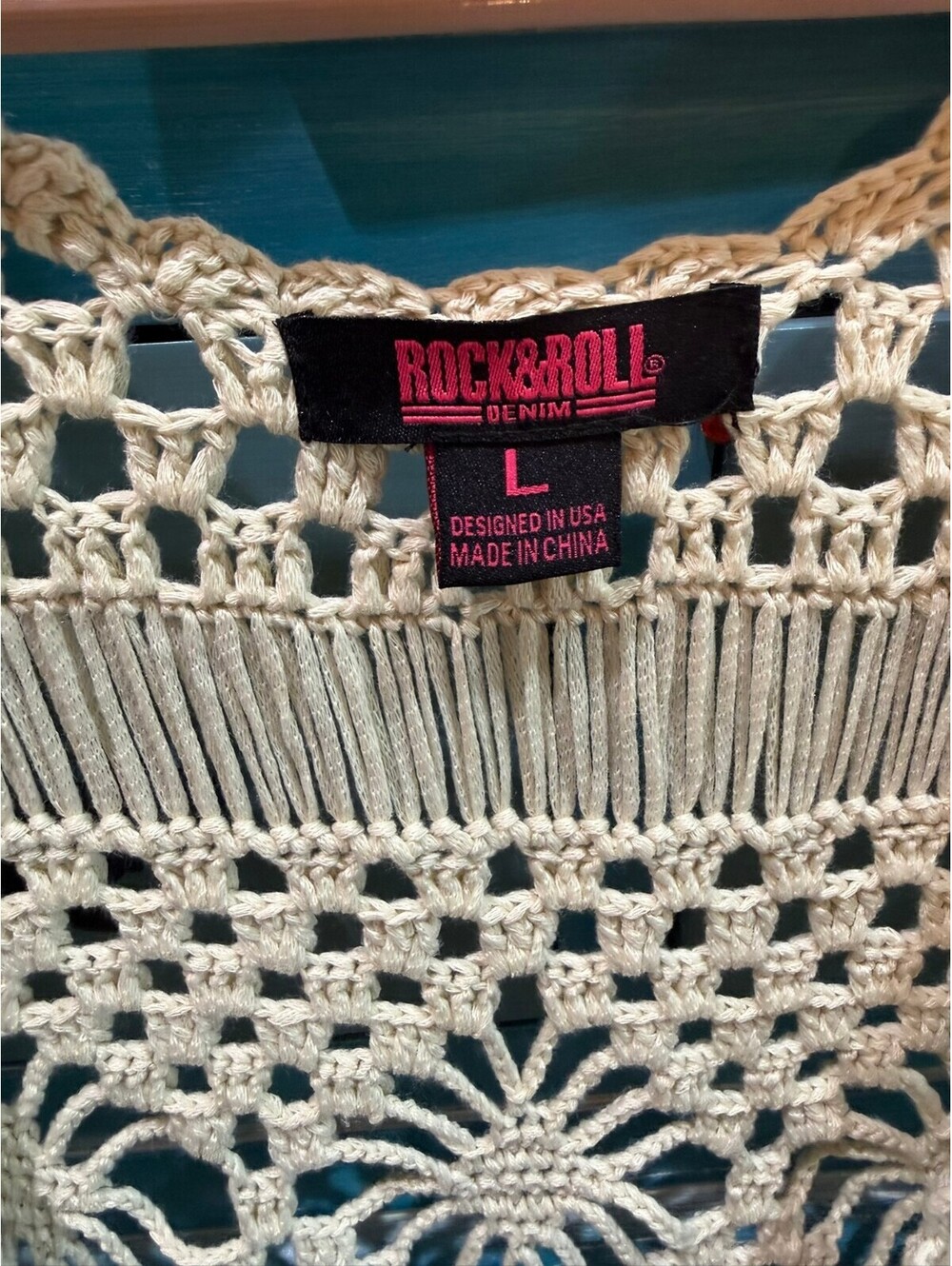Rock & Roll Denim Beige Crochet Fringe Vest Large - Picture 3 of 3